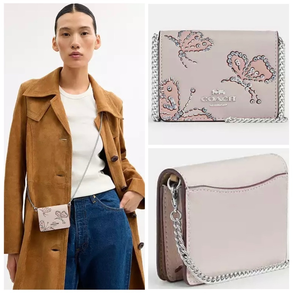 Nwt Coach Smooth Leather Chain Wallet Crossbody With Sparkly Butterfly Design